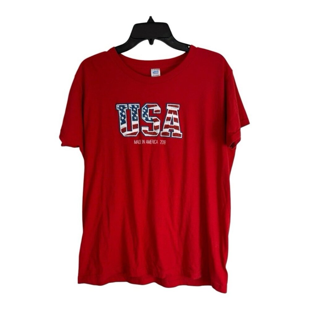 USA Womens Shirt Adult Size xl 16-18 Red Glitter Patriotic 2018 Short Sleeve